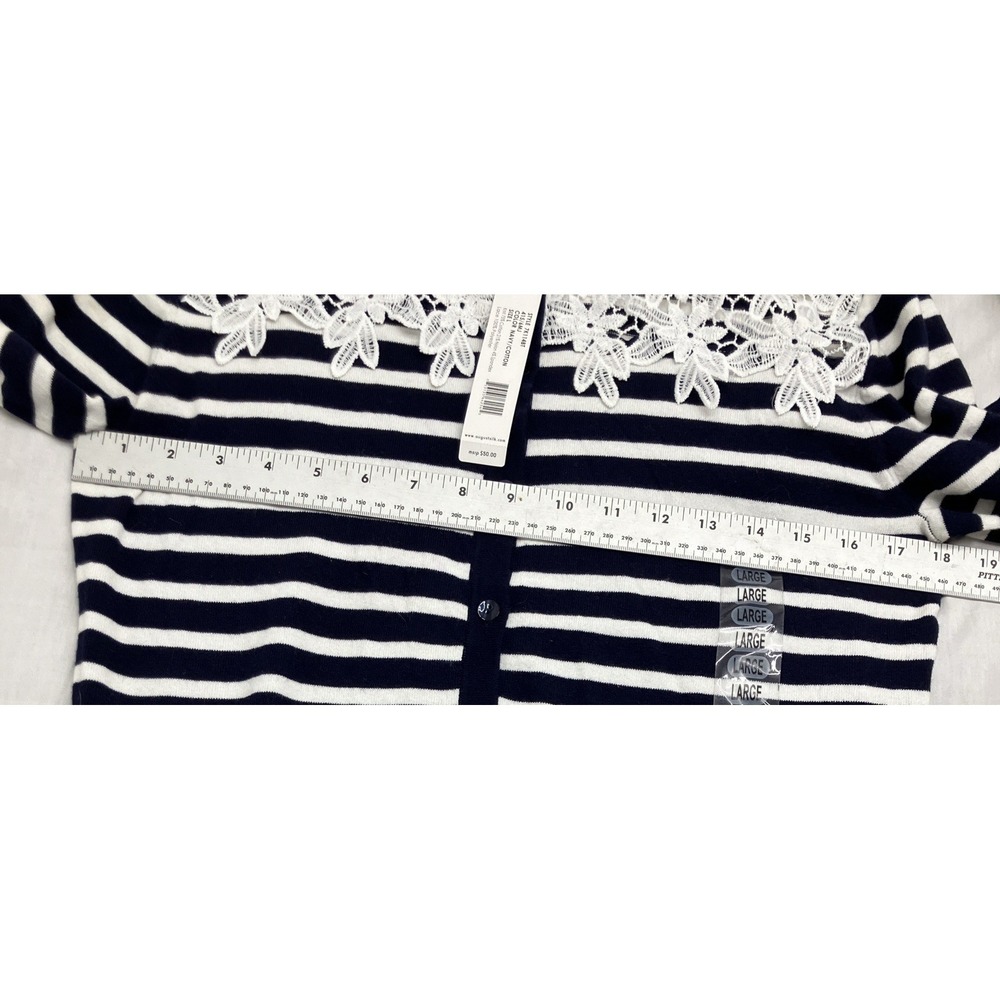 August Silk Heritage Cardigan Women L Navy Blue Striped Lace Applique Nautical - Picture 5 of 7